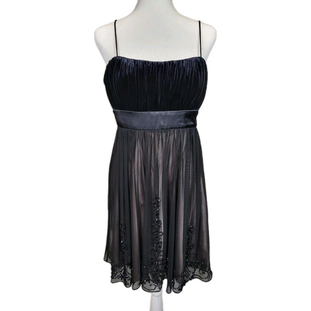 Vintage Hoco Dress Womens *10P* Empire Velvet Top Mesh Black Beaded Skirt *READ*